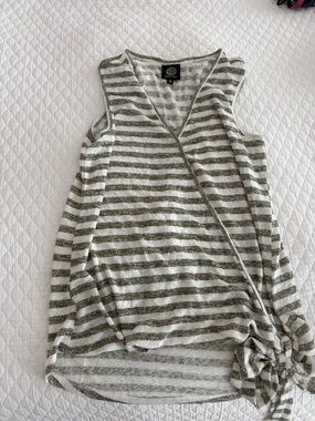 bobeau Olive & White Striped Faux-Wrap Sleeveless Tank